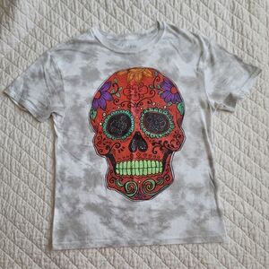Kids White Tie-Dye Shirt with Colorful Sugar Skull Graphic